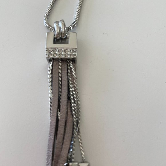 WHBM Silver Necklace with SIlver/Brown Metalic Leather and Silver Tassel - Picture 2 of 3